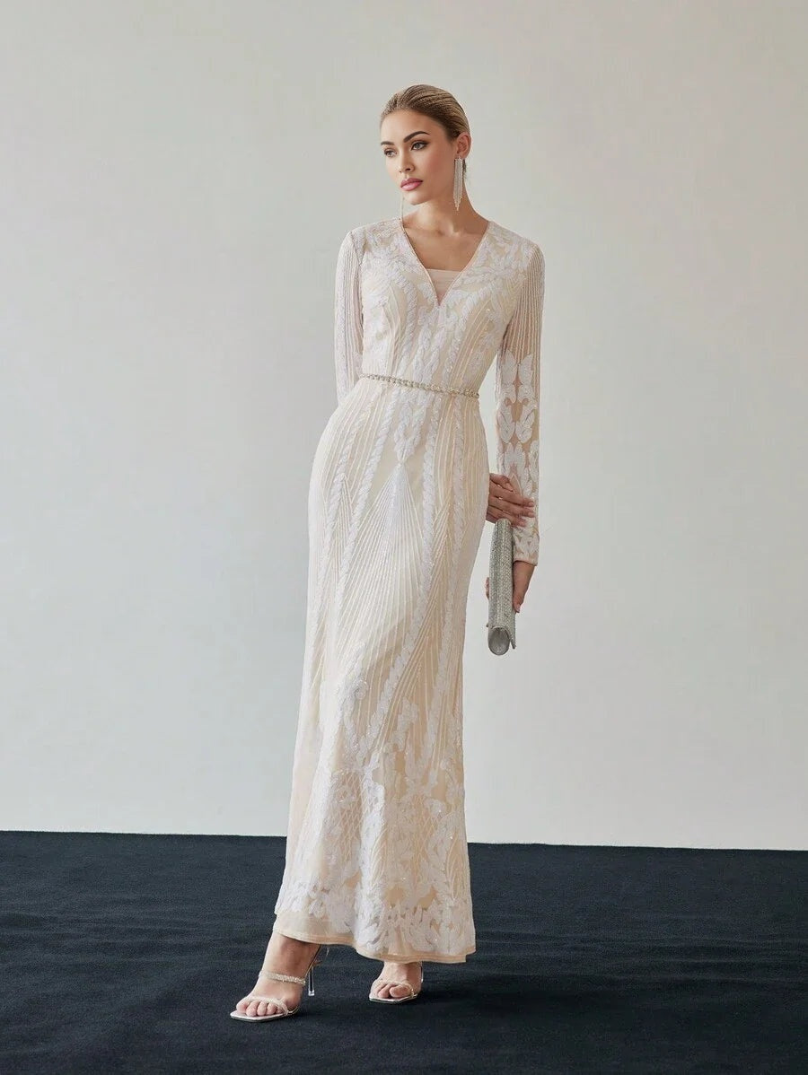 PREMIUM SEQUIN MESH OVERLAY VNECK MERMAID HEM DRESS WITHOUT BELT