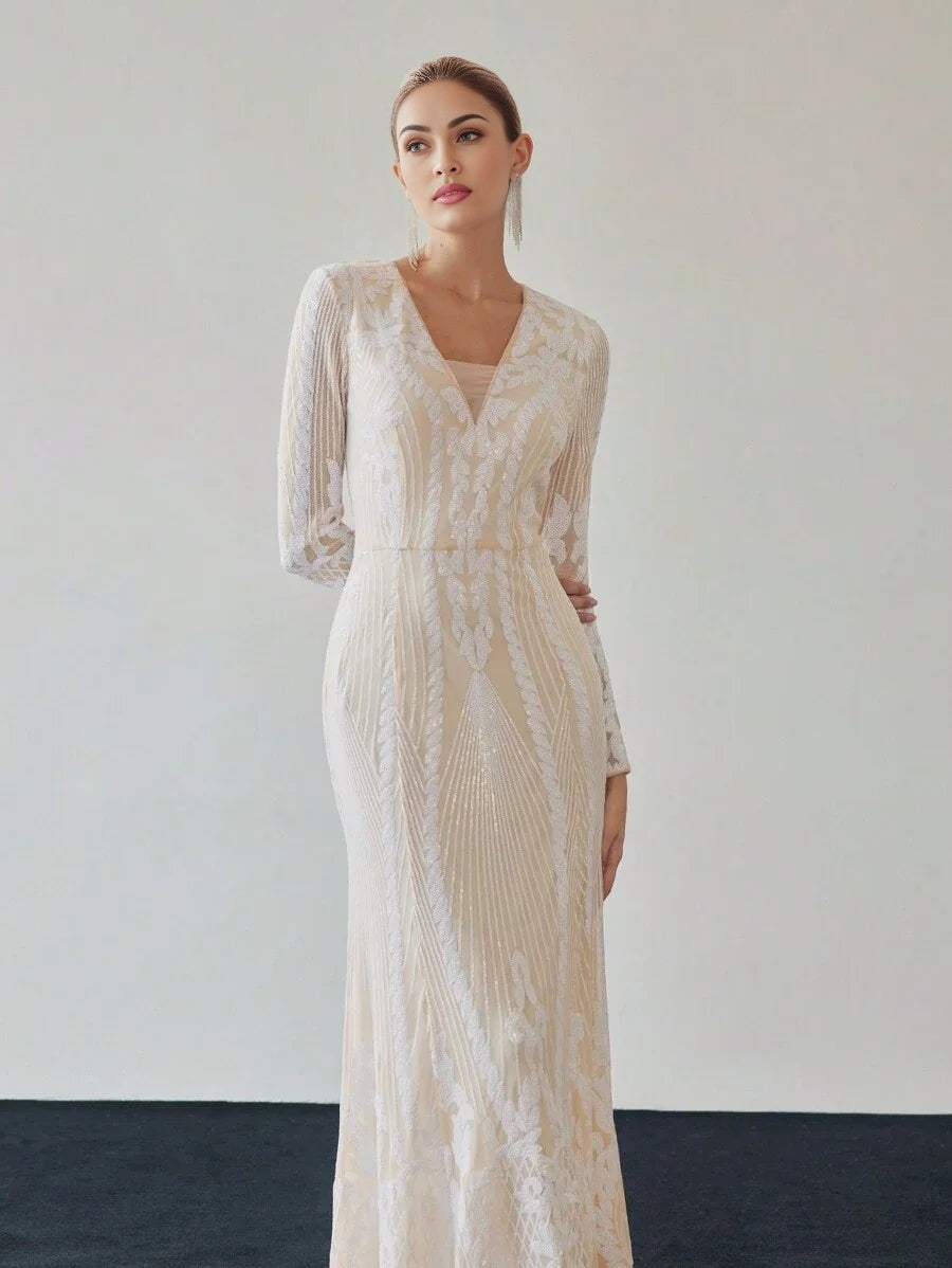 PREMIUM SEQUIN MESH OVERLAY VNECK MERMAID HEM DRESS WITHOUT BELT