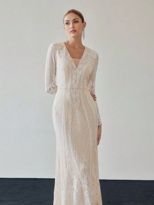 PREMIUM SEQUIN MESH OVERLAY VNECK MERMAID HEM DRESS WITHOUT BELT