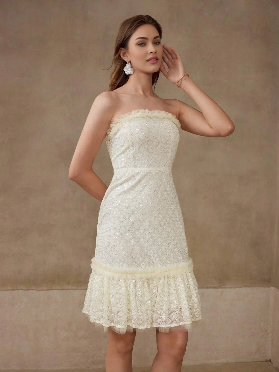 PREMIUM SEQUIN MESH RUFFLE TRIM CAPE amp DRESS