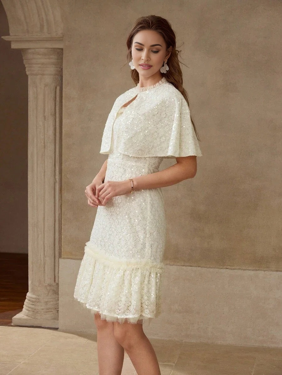 PREMIUM SEQUIN MESH RUFFLE TRIM CAPE amp DRESS