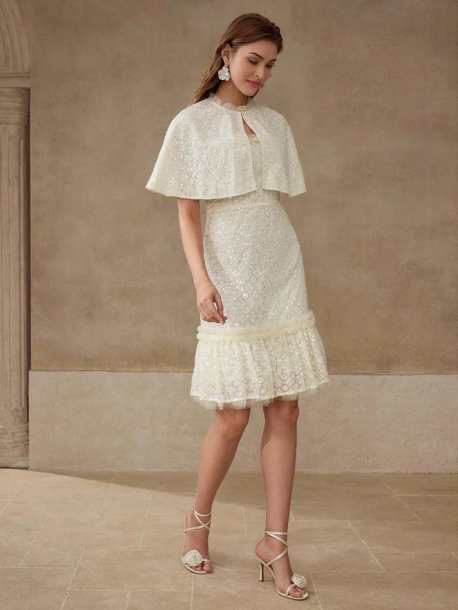 PREMIUM SEQUIN MESH RUFFLE TRIM CAPE amp DRESS