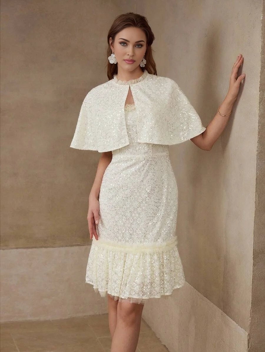 PREMIUM SEQUIN MESH RUFFLE TRIM CAPE amp DRESS