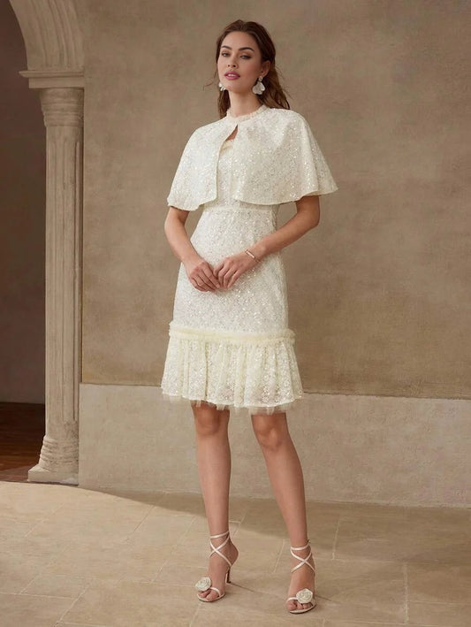 PREMIUM SEQUIN MESH RUFFLE TRIM CAPE amp DRESS