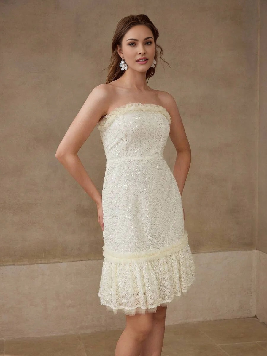 PREMIUM SEQUIN MESH RUFFLE TRIM CAPE amp DRESS