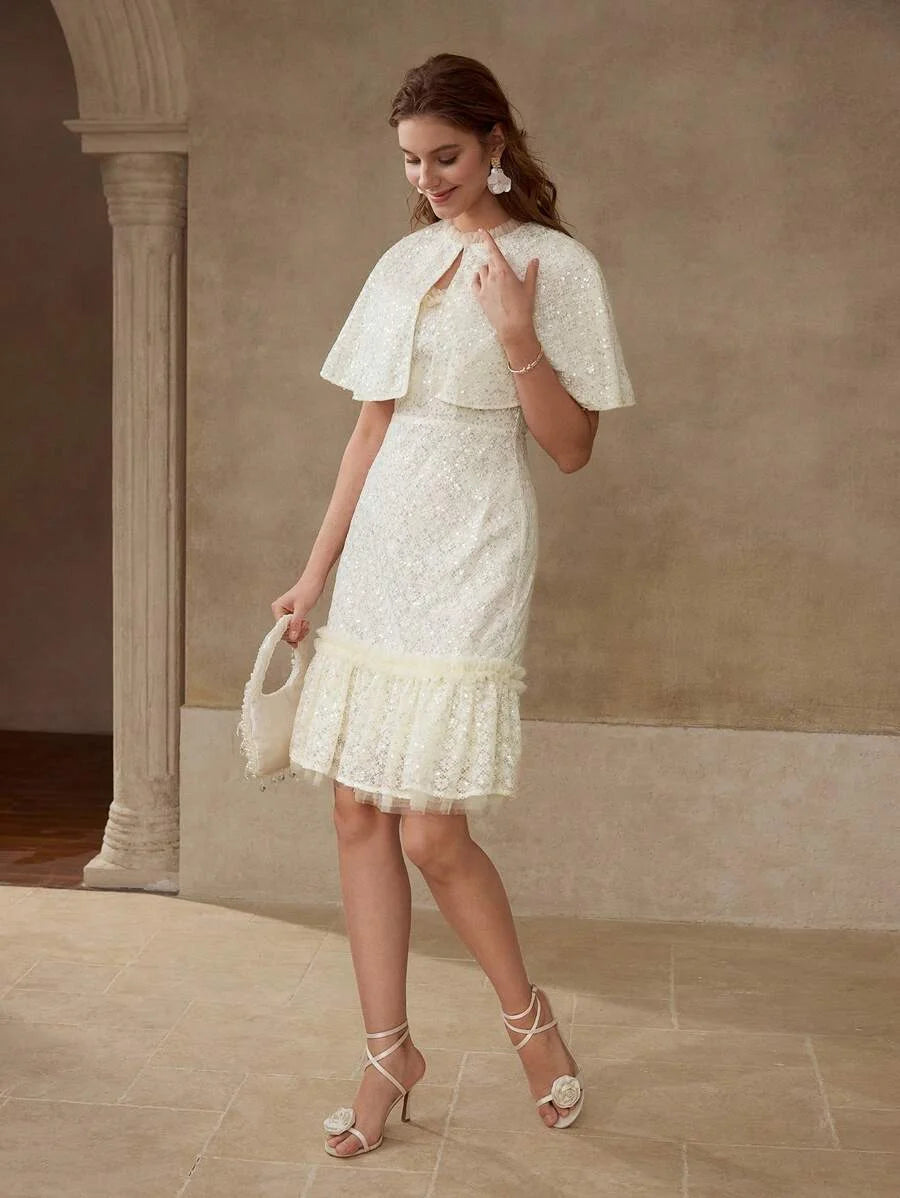 PREMIUM SEQUIN MESH RUFFLE TRIM CAPE amp DRESS