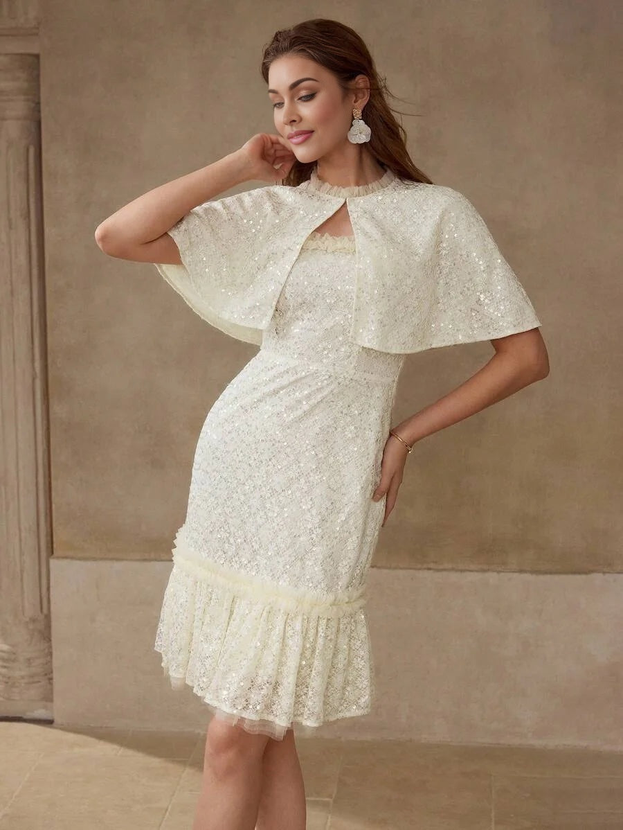 PREMIUM SEQUIN MESH RUFFLE TRIM CAPE amp DRESS