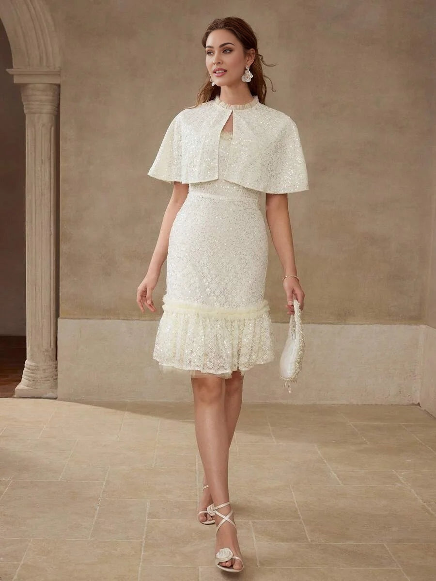 PREMIUM SEQUIN MESH RUFFLE TRIM CAPE amp DRESS