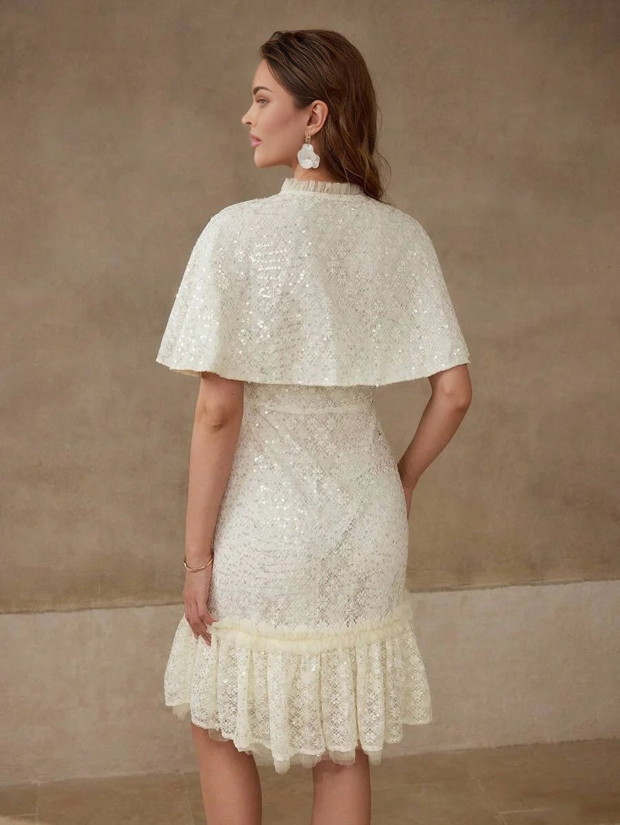 PREMIUM SEQUIN MESH RUFFLE TRIM CAPE amp DRESS