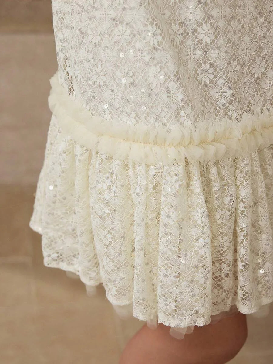 PREMIUM SEQUIN MESH RUFFLE TRIM CAPE amp DRESS