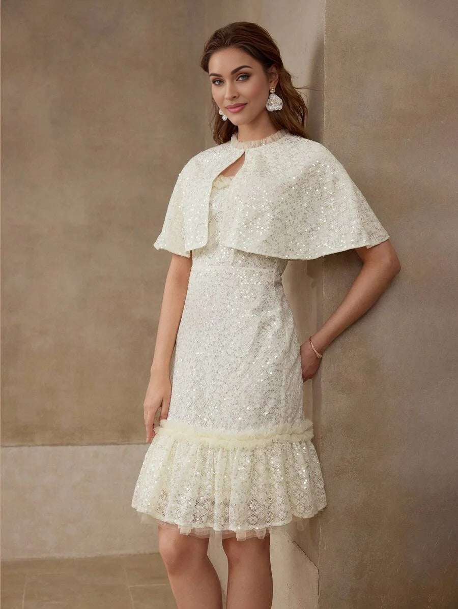 PREMIUM SEQUIN MESH RUFFLE TRIM CAPE amp DRESS