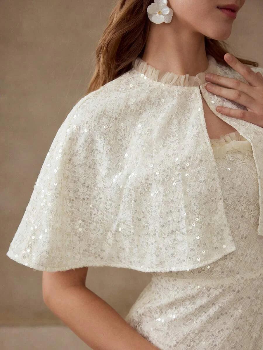 PREMIUM SEQUIN MESH RUFFLE TRIM CAPE amp DRESS