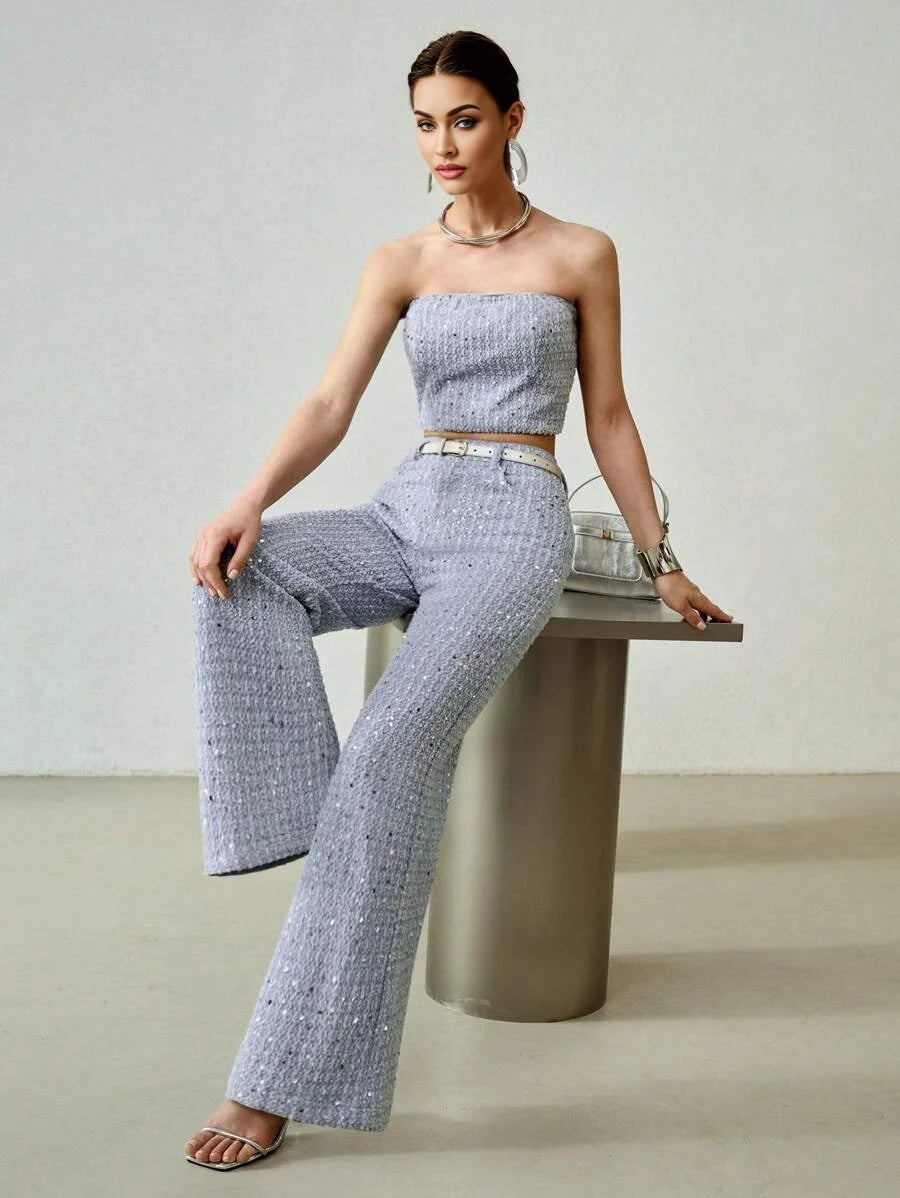 PREMIUM SEQUIN TEXTURE BANDEAU FASHIONABLE DENIM SET