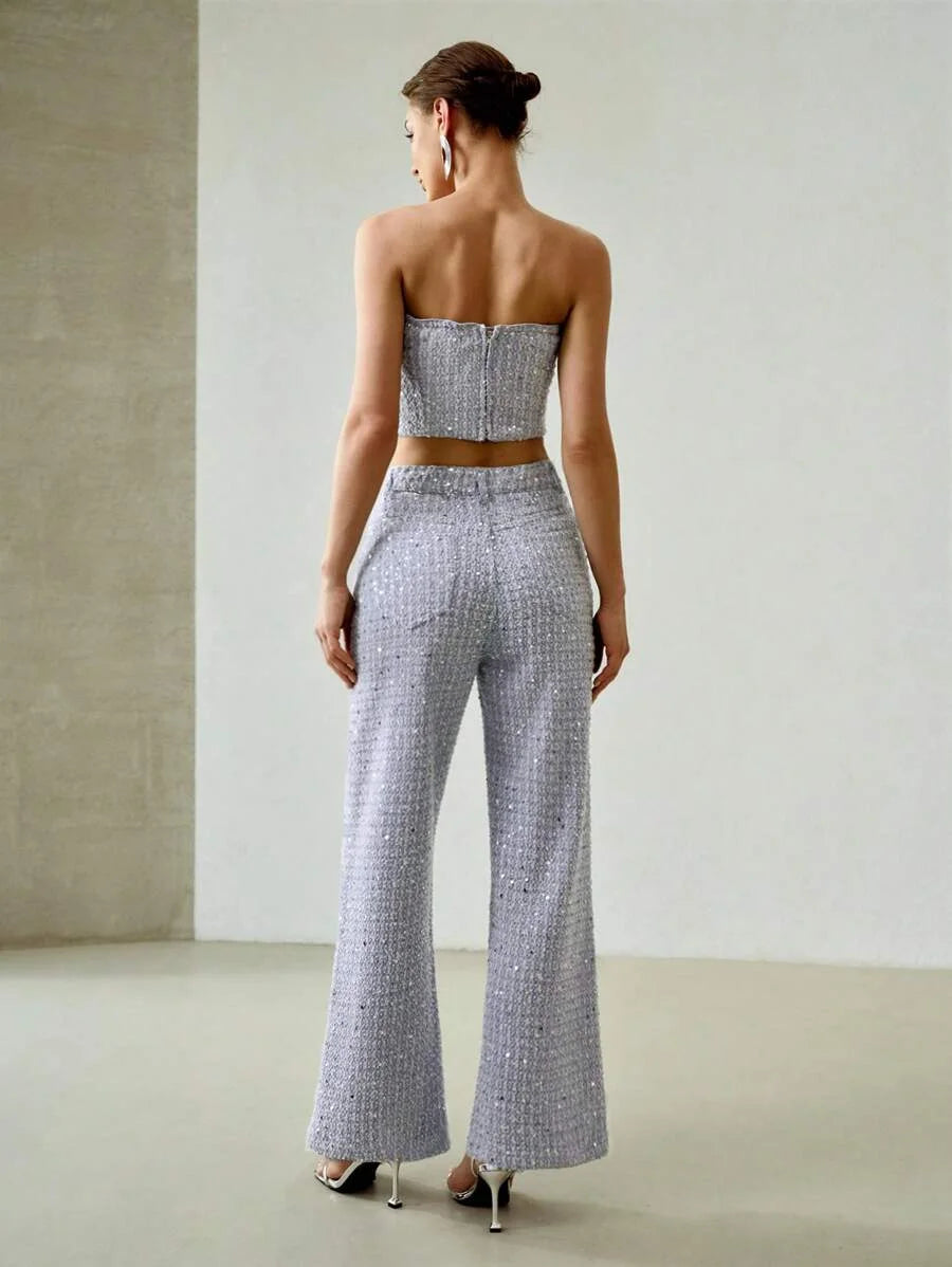 PREMIUM SEQUIN TEXTURE BANDEAU FASHIONABLE DENIM SET