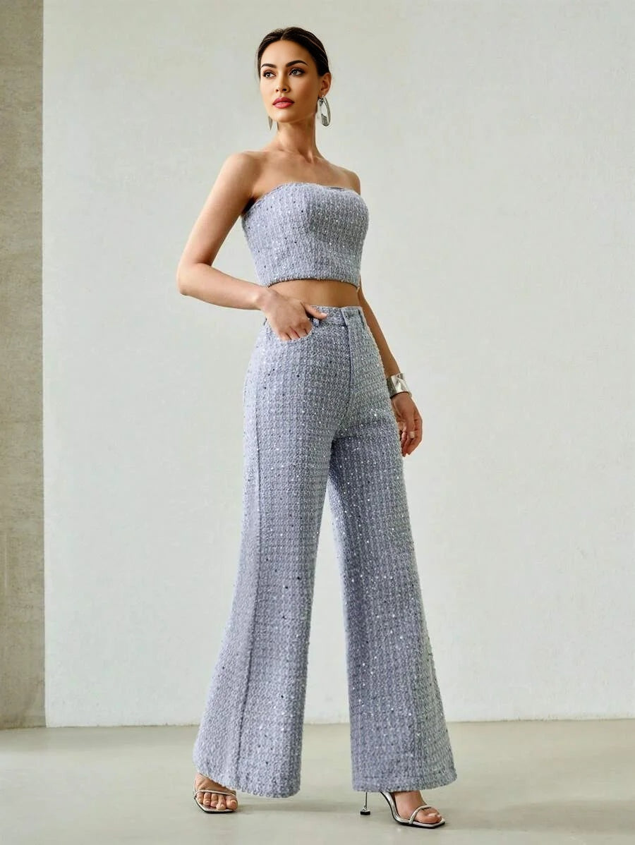 PREMIUM SEQUIN TEXTURE BANDEAU FASHIONABLE DENIM SET