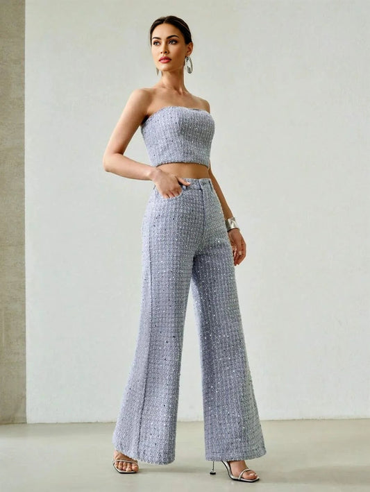 PREMIUM SEQUIN TEXTURE BANDEAU FASHIONABLE DENIM SET