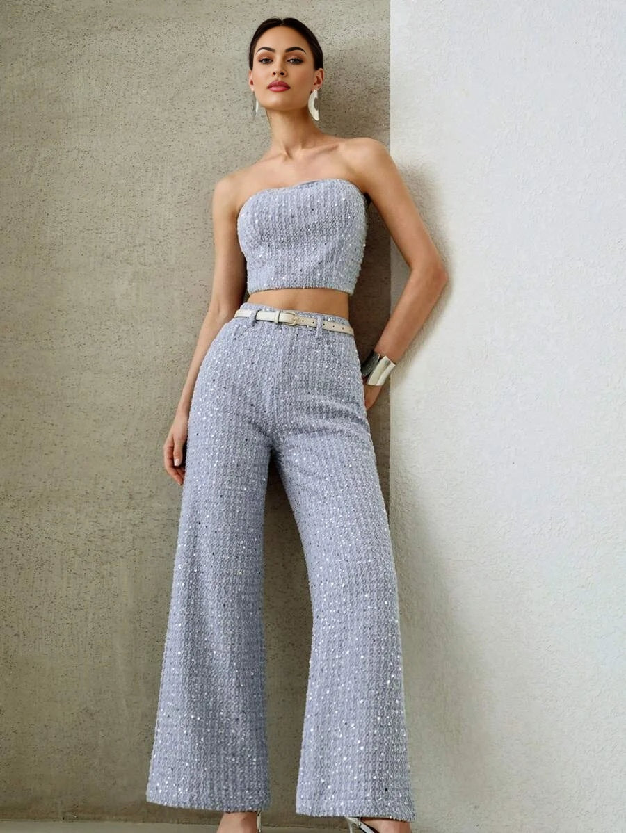 PREMIUM SEQUIN TEXTURE BANDEAU FASHIONABLE DENIM SET