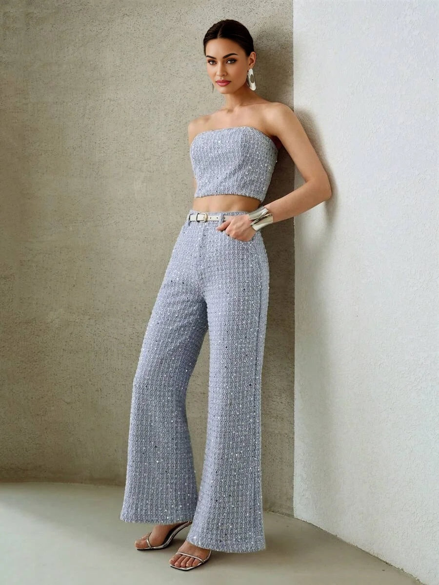 PREMIUM SEQUIN TEXTURE BANDEAU FASHIONABLE DENIM SET