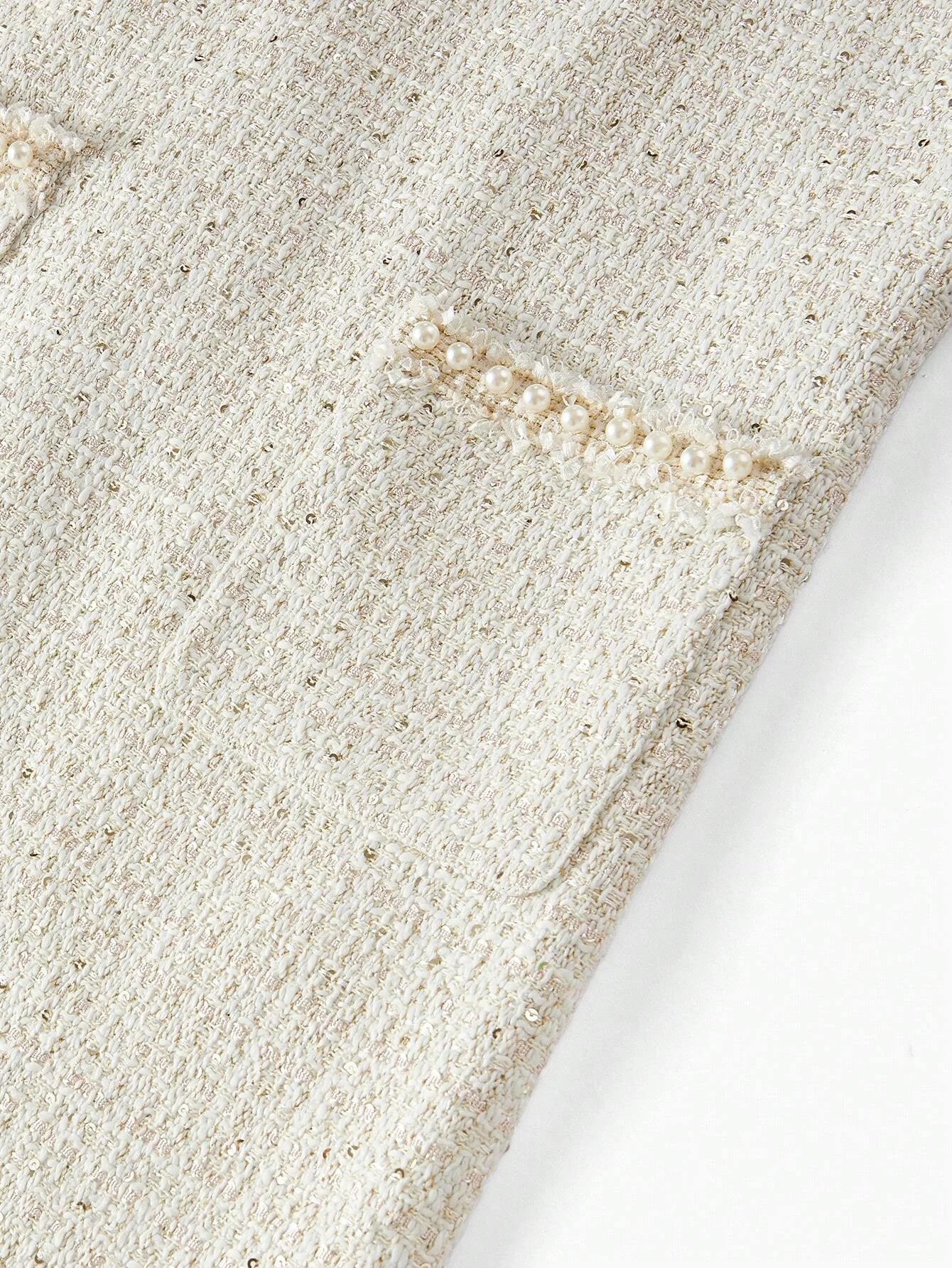 PREMIUM SEQUIN TWEED PATCH POCKET FAUX PEARL DETAIL MINI DRESS