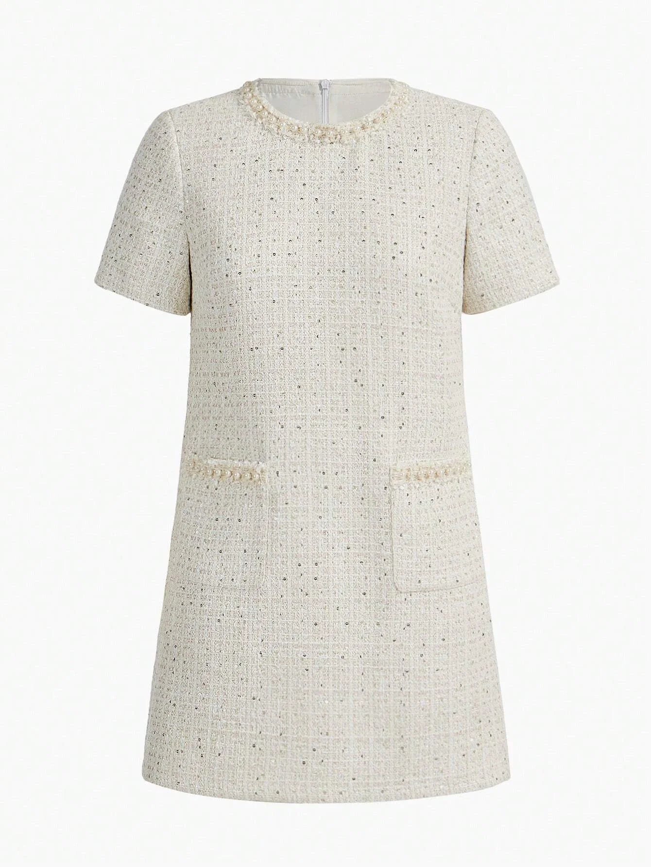 PREMIUM SEQUIN TWEED PATCH POCKET FAUX PEARL DETAIL MINI DRESS
