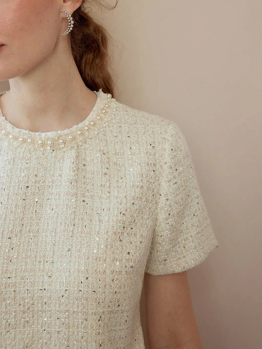 PREMIUM SEQUIN TWEED PATCH POCKET FAUX PEARL DETAIL MINI DRESS