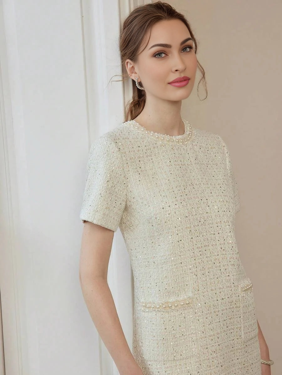 PREMIUM SEQUIN TWEED PATCH POCKET FAUX PEARL DETAIL MINI DRESS
