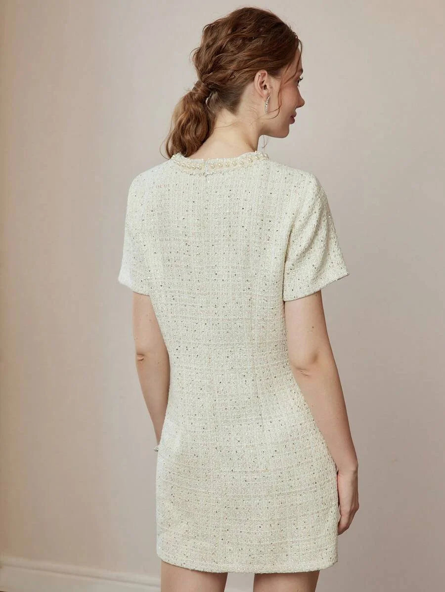 PREMIUM SEQUIN TWEED PATCH POCKET FAUX PEARL DETAIL MINI DRESS