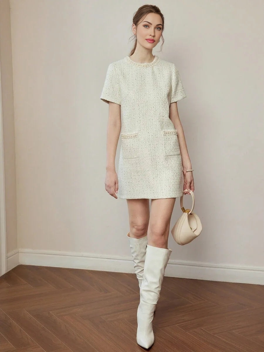 PREMIUM SEQUIN TWEED PATCH POCKET FAUX PEARL DETAIL MINI DRESS