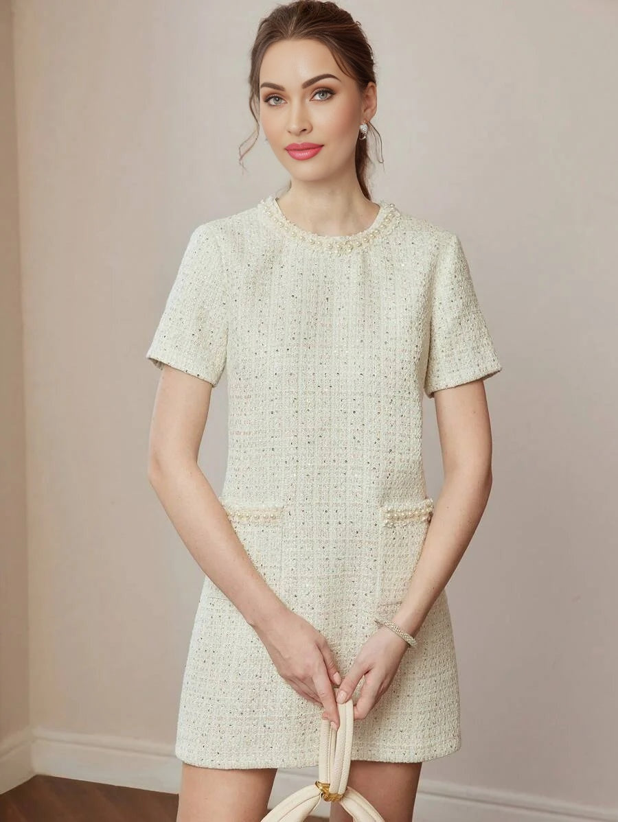 PREMIUM SEQUIN TWEED PATCH POCKET FAUX PEARL DETAIL MINI DRESS