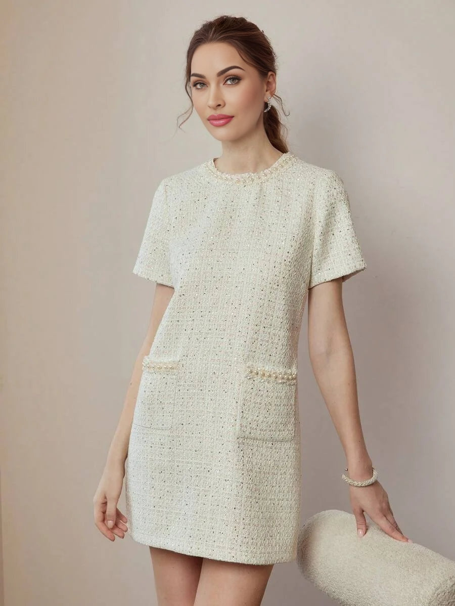 PREMIUM SEQUIN TWEED PATCH POCKET FAUX PEARL DETAIL MINI DRESS