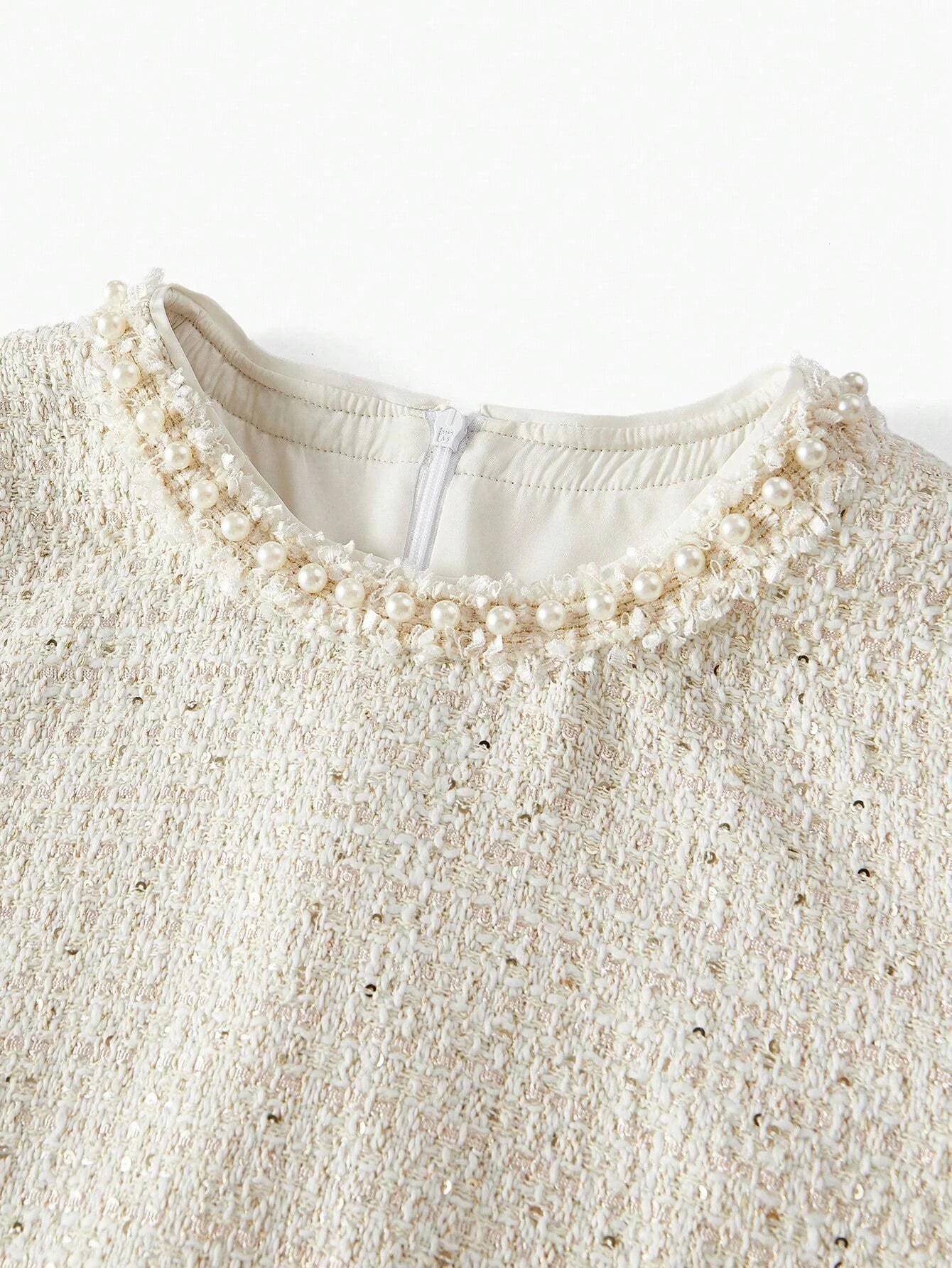 PREMIUM SEQUIN TWEED PATCH POCKET FAUX PEARL DETAIL MINI DRESS