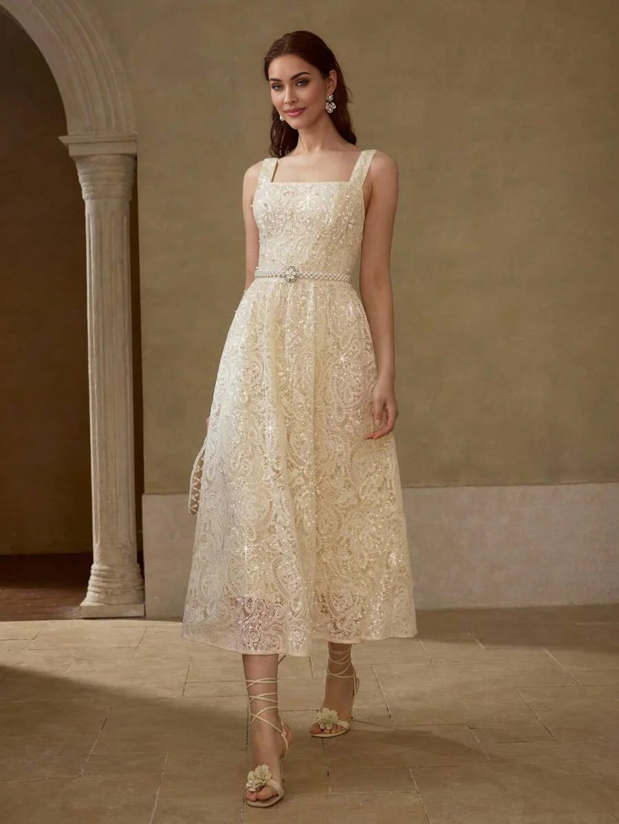 PREMIUM SEQUINED EMBROIDERED FAUX PEARL DRESS