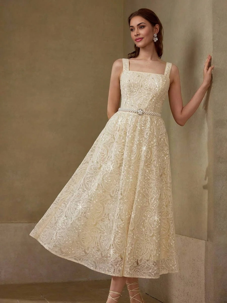 PREMIUM SEQUINED EMBROIDERED FAUX PEARL DRESS