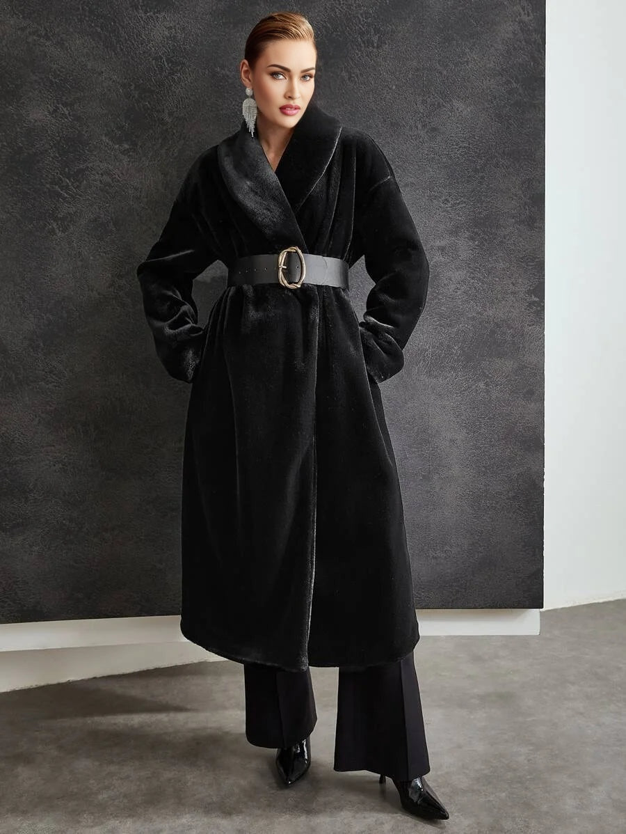 PREMIUM SHAWL NECK FUZZY COAT WITHOUT BELT