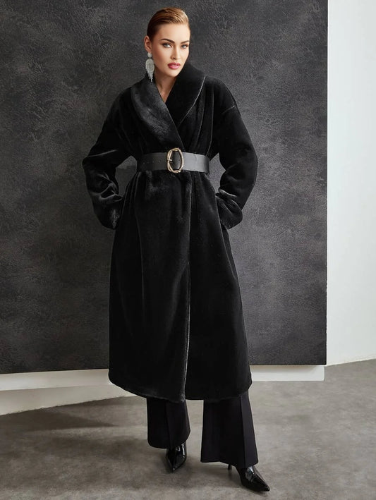 PREMIUM SHAWL NECK FUZZY COAT WITHOUT BELT