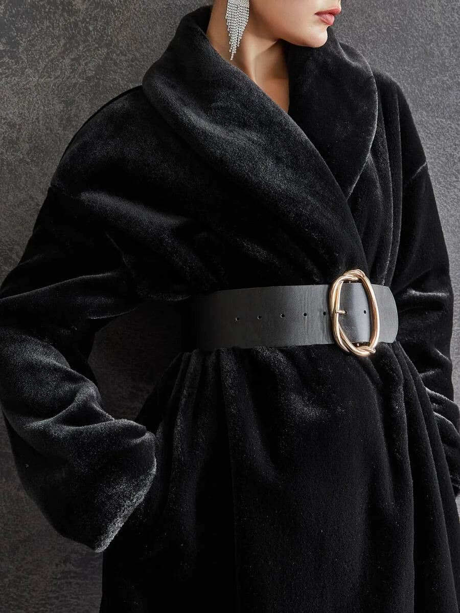 PREMIUM SHAWL NECK FUZZY COAT WITHOUT BELT