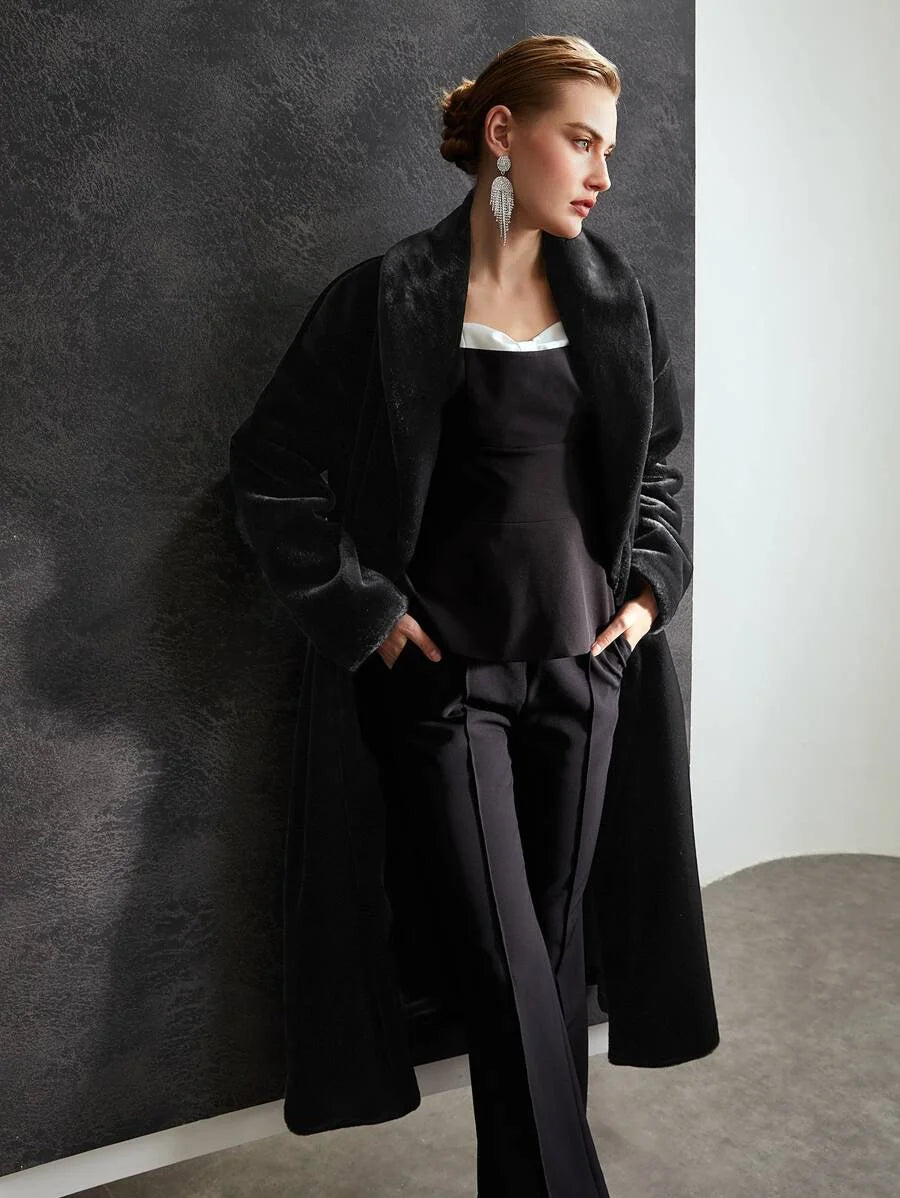 PREMIUM SHAWL NECK FUZZY COAT WITHOUT BELT