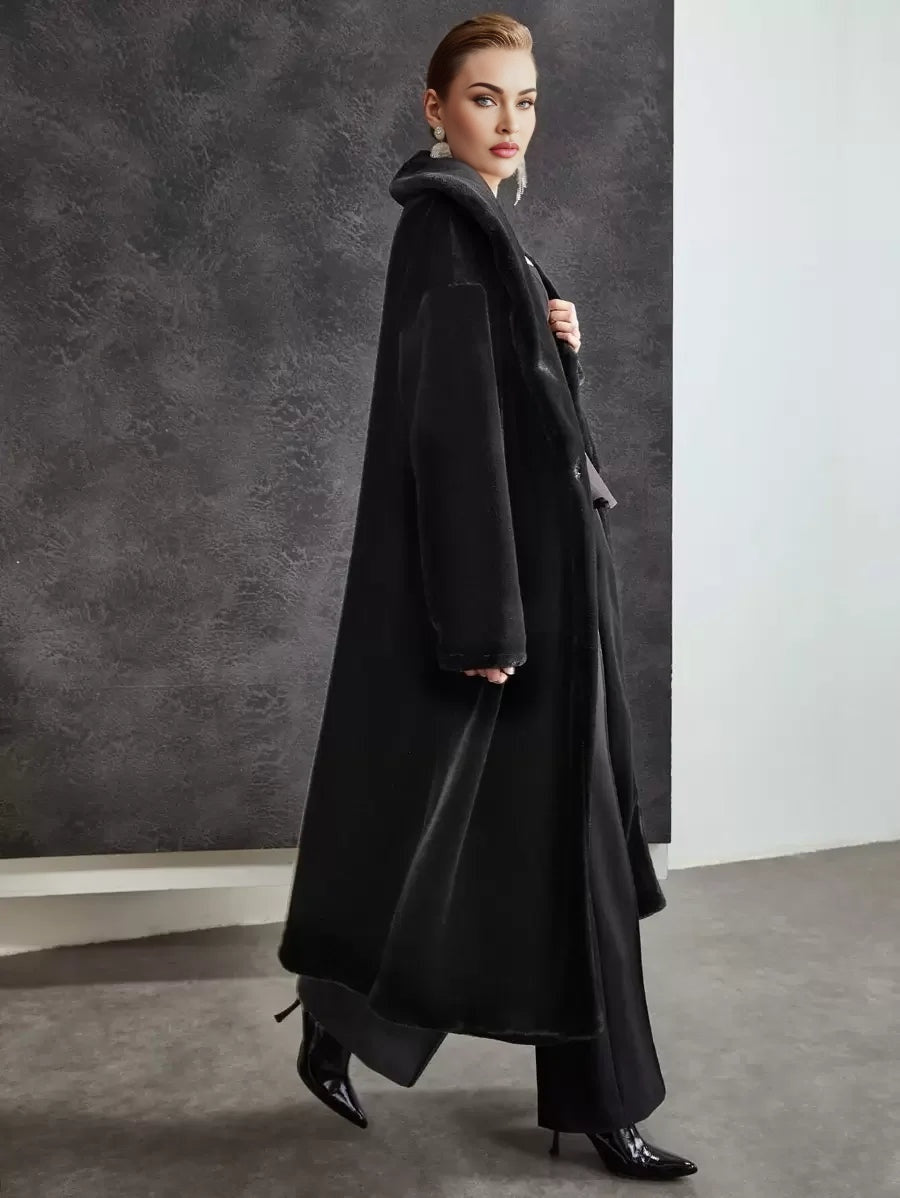 PREMIUM SHAWL NECK FUZZY COAT WITHOUT BELT