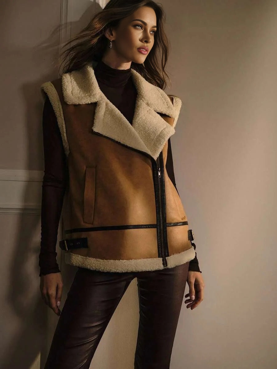 PREMIUM SLEEVELESS FAUX FUR COLLAR LEATHER JACKET