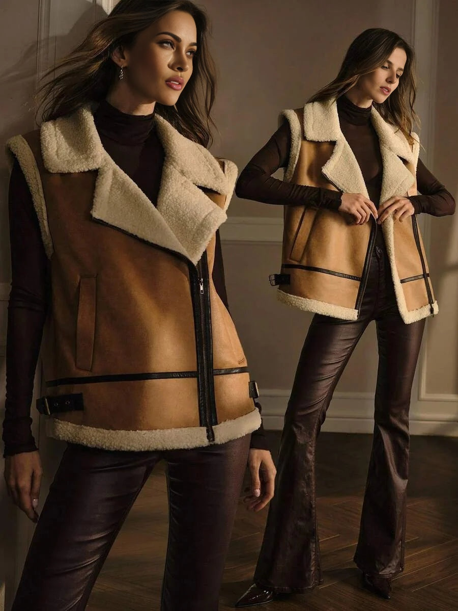 PREMIUM SLEEVELESS FAUX FUR COLLAR LEATHER JACKET