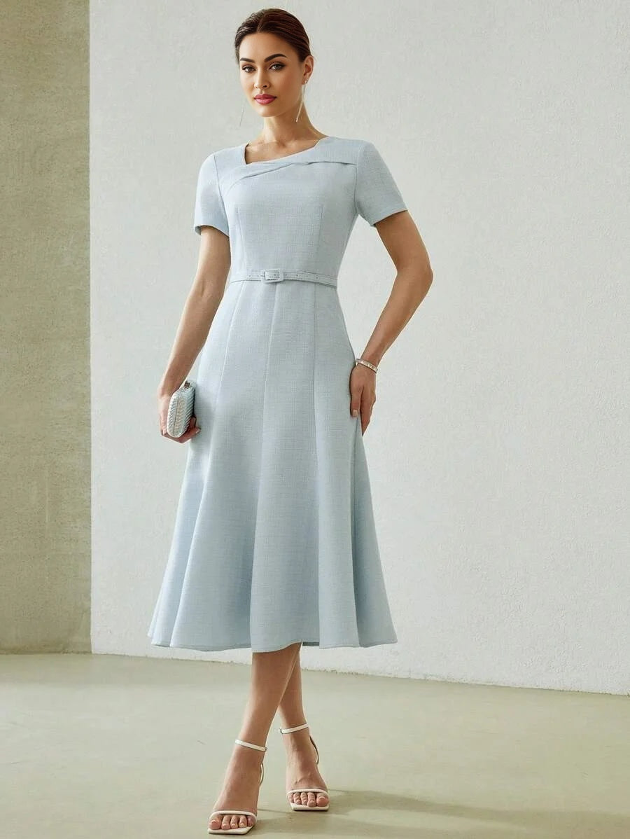 PREMIUM SOLID ASYMMETRICAL NECK BUCKLE BELTED FLARE HEM MIDI DRESS