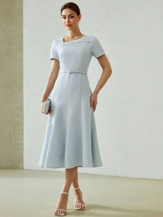 PREMIUM SOLID ASYMMETRICAL NECK BUCKLE BELTED FLARE HEM MIDI DRESS