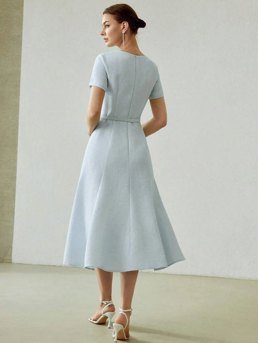 PREMIUM SOLID ASYMMETRICAL NECK BUCKLE BELTED FLARE HEM MIDI DRESS