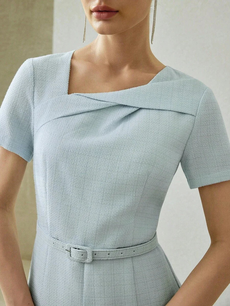 PREMIUM SOLID ASYMMETRICAL NECK BUCKLE BELTED FLARE HEM MIDI DRESS