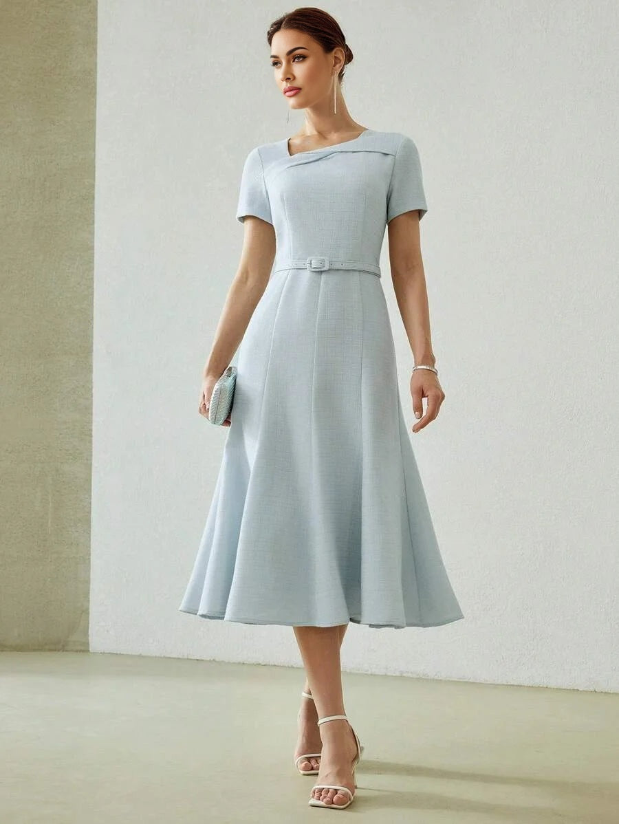 PREMIUM SOLID ASYMMETRICAL NECK BUCKLE BELTED FLARE HEM MIDI DRESS