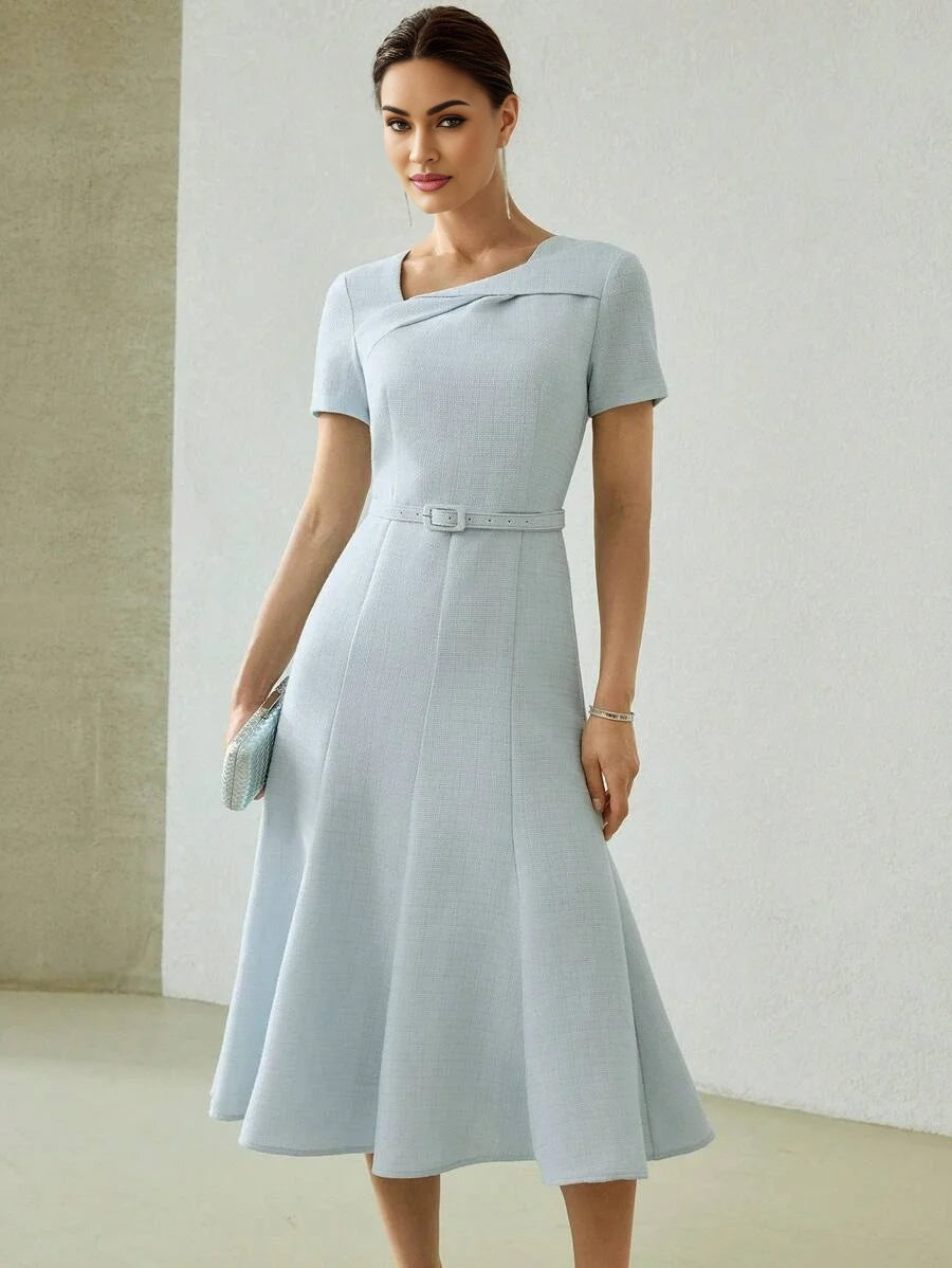 PREMIUM SOLID ASYMMETRICAL NECK BUCKLE BELTED FLARE HEM MIDI DRESS