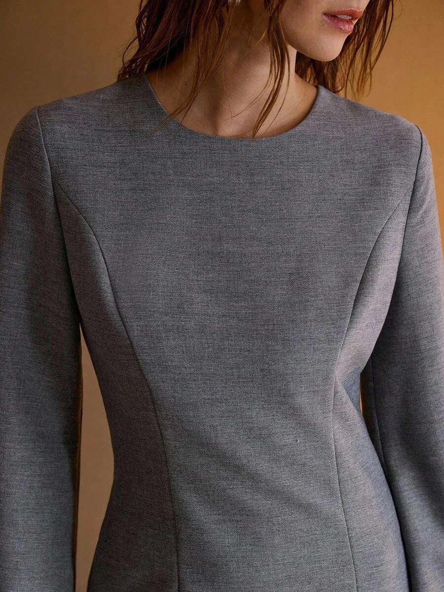 PREMIUM SOLID BELL SLEEVE SLIM WAIST SHORT DRESS