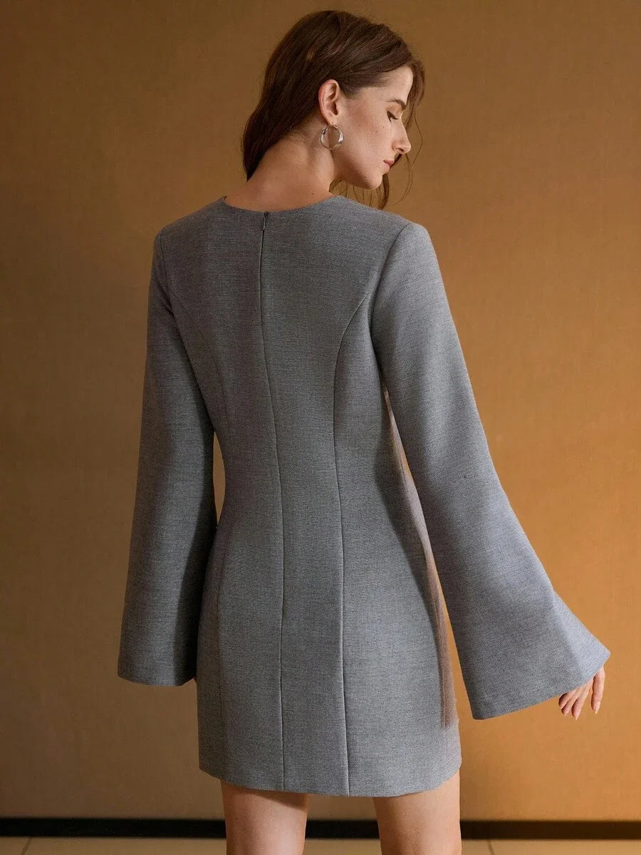 PREMIUM SOLID BELL SLEEVE SLIM WAIST SHORT DRESS