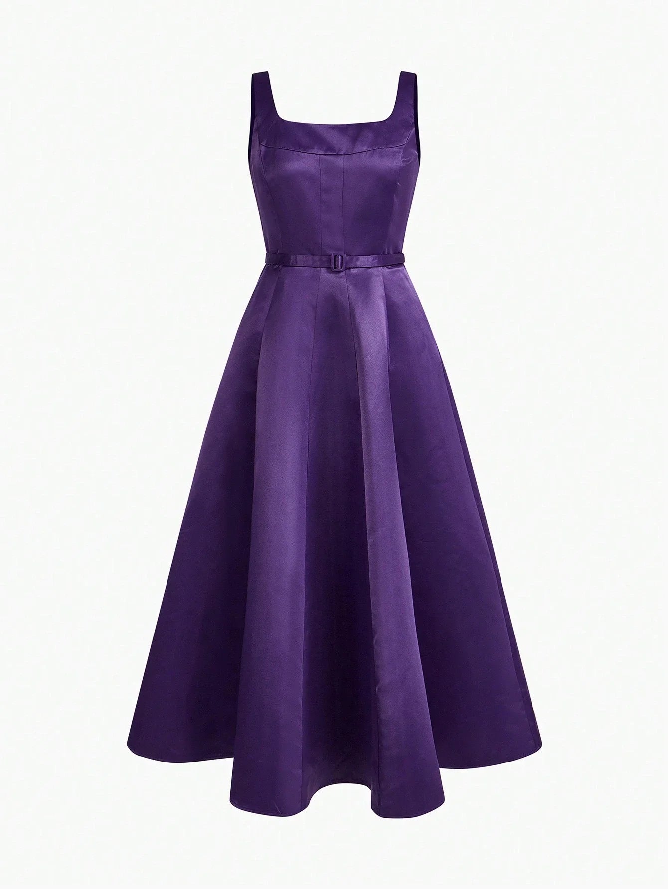 PREMIUM SOLID BUCKLE BELTED FLARE HEM LONG DRESS