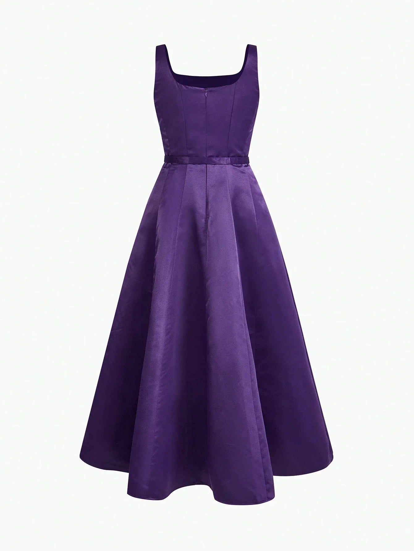 PREMIUM SOLID BUCKLE BELTED FLARE HEM LONG DRESS